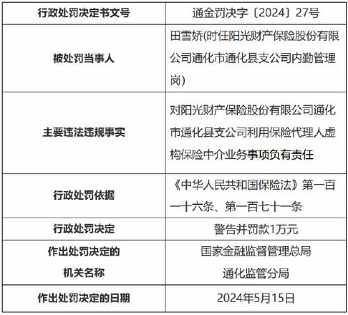 陽光產險通化市通化縣支公司被罰7萬元 利用保險代理人虛構保險中介業務
